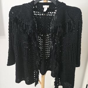Chico's Black Open-Knit Cardigan with Fringe